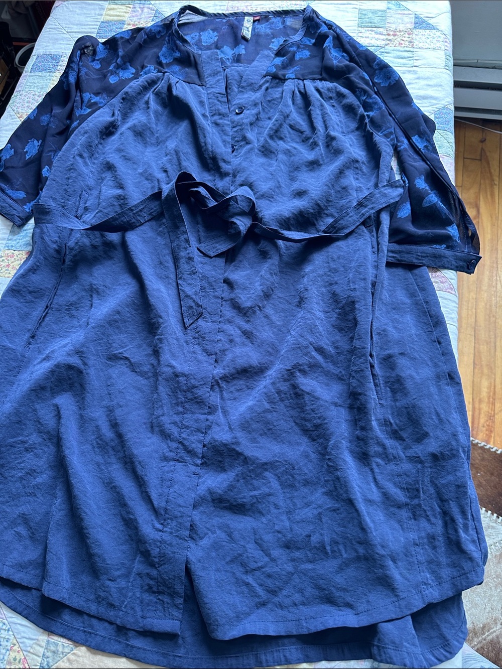 H—Navy Blue Women's Lightweight Linen blend Dress  with Belt